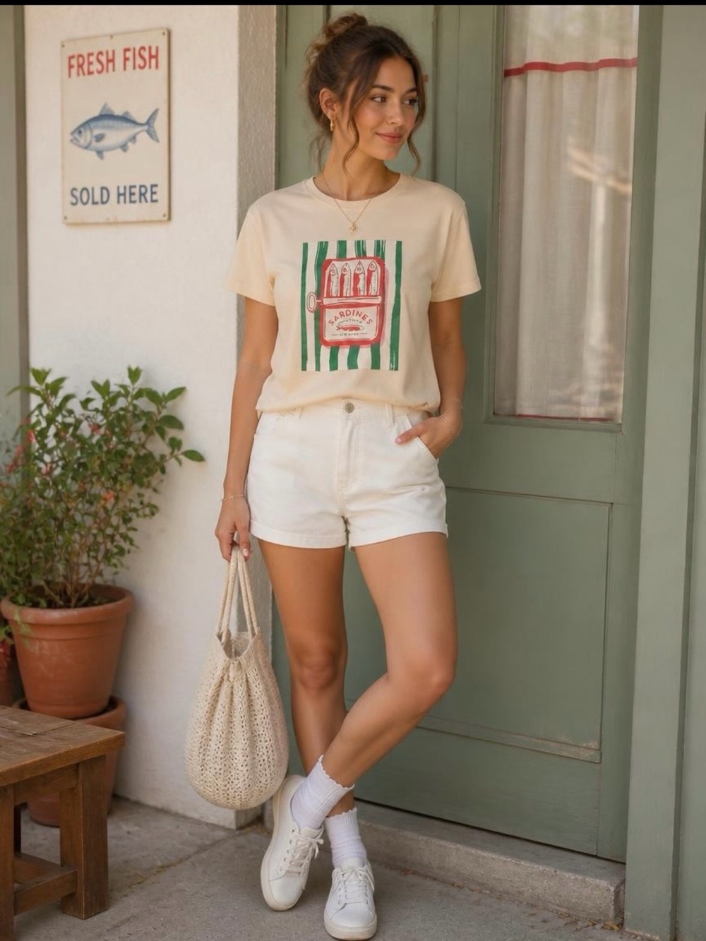 Women's Cream Sardines Graphic Tee - Casual Short Sleeve Top